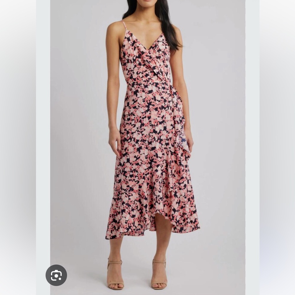 NWT Chelsea 28 Flounce Wrap Midi Dress Size M Navy Pink Floral Ruffle Chiffon